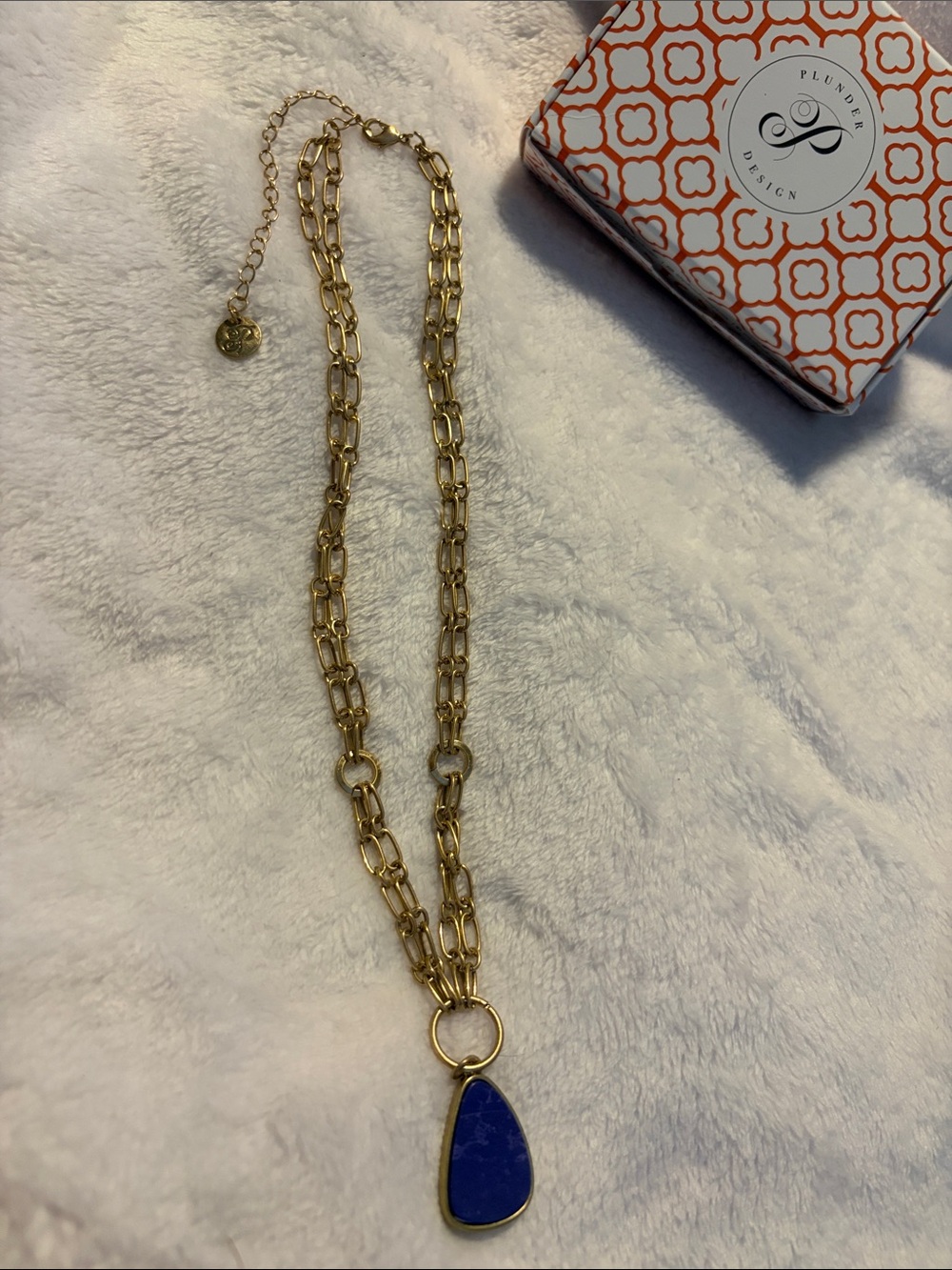Plunder Gold-Tone Double Link Necklace with Blue Teardrop Stone
